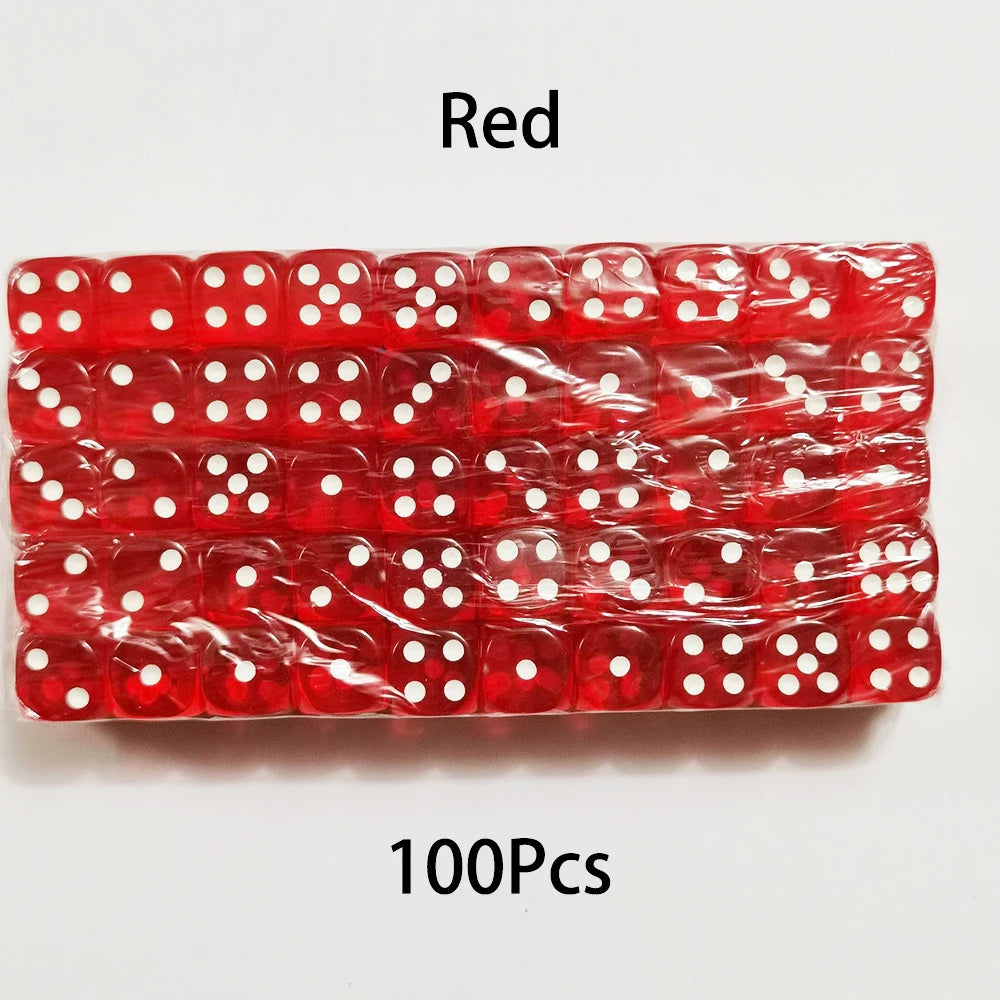 A row of 100 red acrylic six-sided dice with white dots, arranged horizontally.