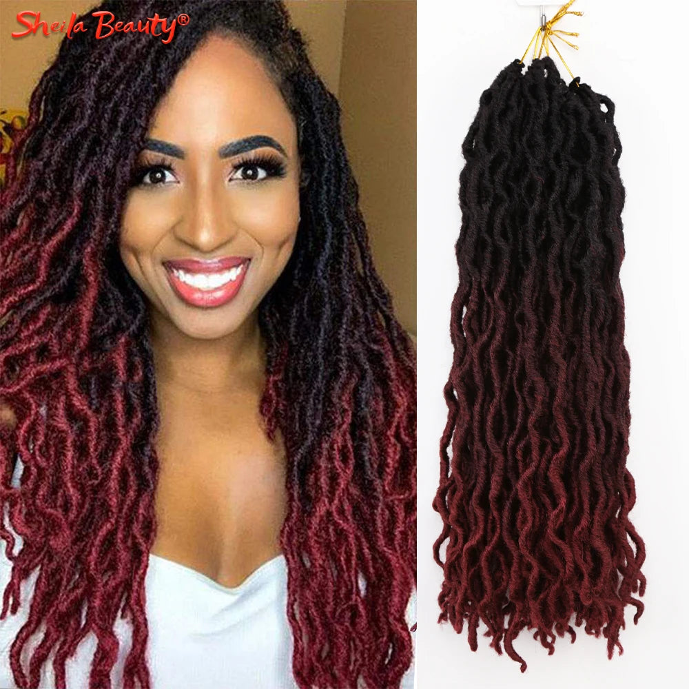 A woman shows off long, reddish-brown goddess faux locs crochet hair extensions with a curly ombre texture.