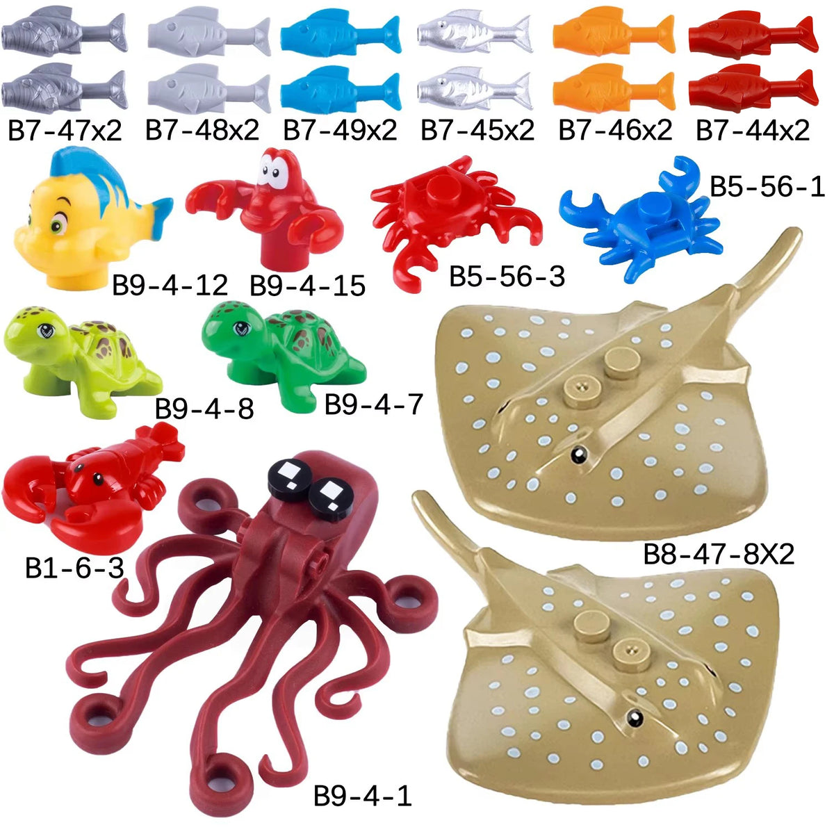 A collection of marine animal building blocks including a shark, octopus, and whale in various colors.