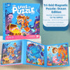 A box and unfolded puzzle set featuring an orange and blue marine animal theme for children