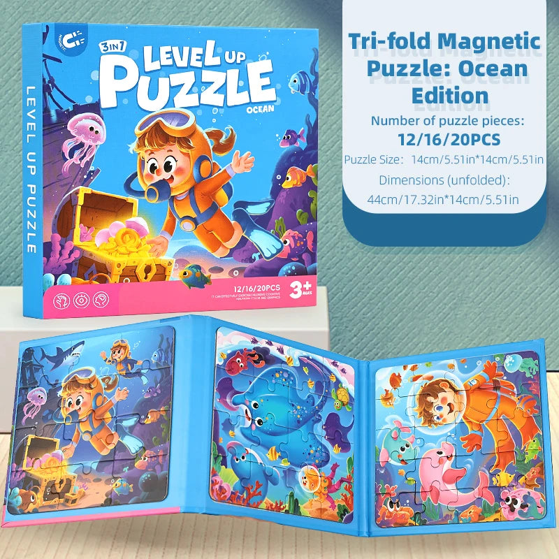 A box and unfolded puzzle set featuring an orange and blue marine animal theme for children
