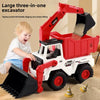 A red and white large three-in-one excavator toy truck with a tipping bucket, digging arm, and shovel lifting feature.