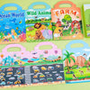 A collection of reusable cartoon sticker books featuring scenes like Ocean World, Wild Animals, and Farm.