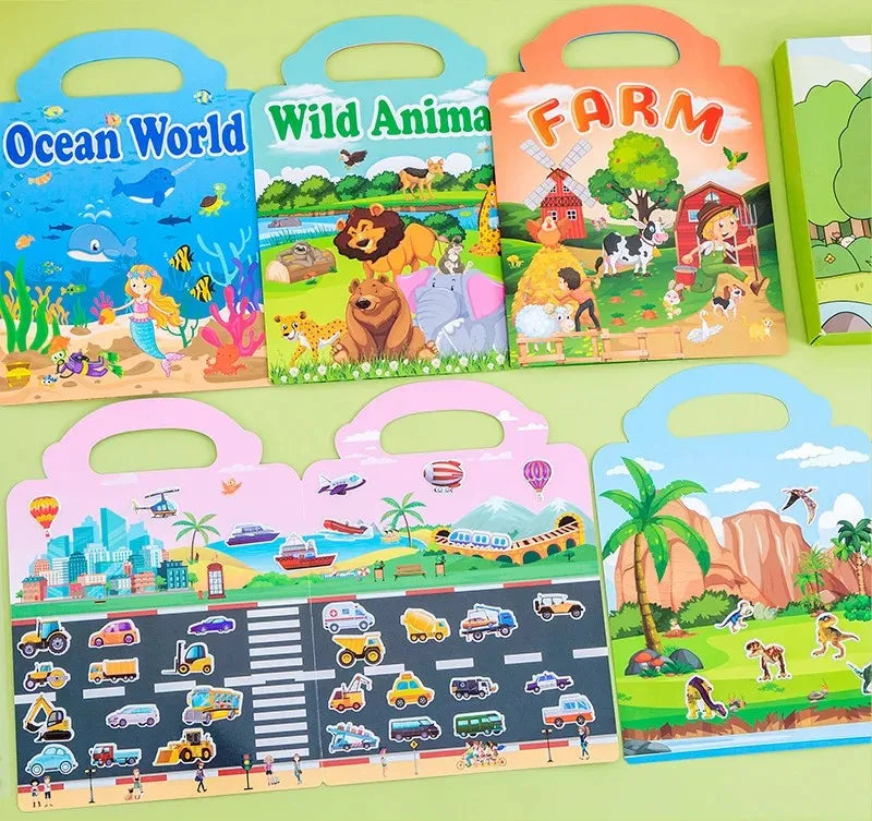 A collection of reusable cartoon sticker books featuring scenes like Ocean World, Wild Animals, and Farm.