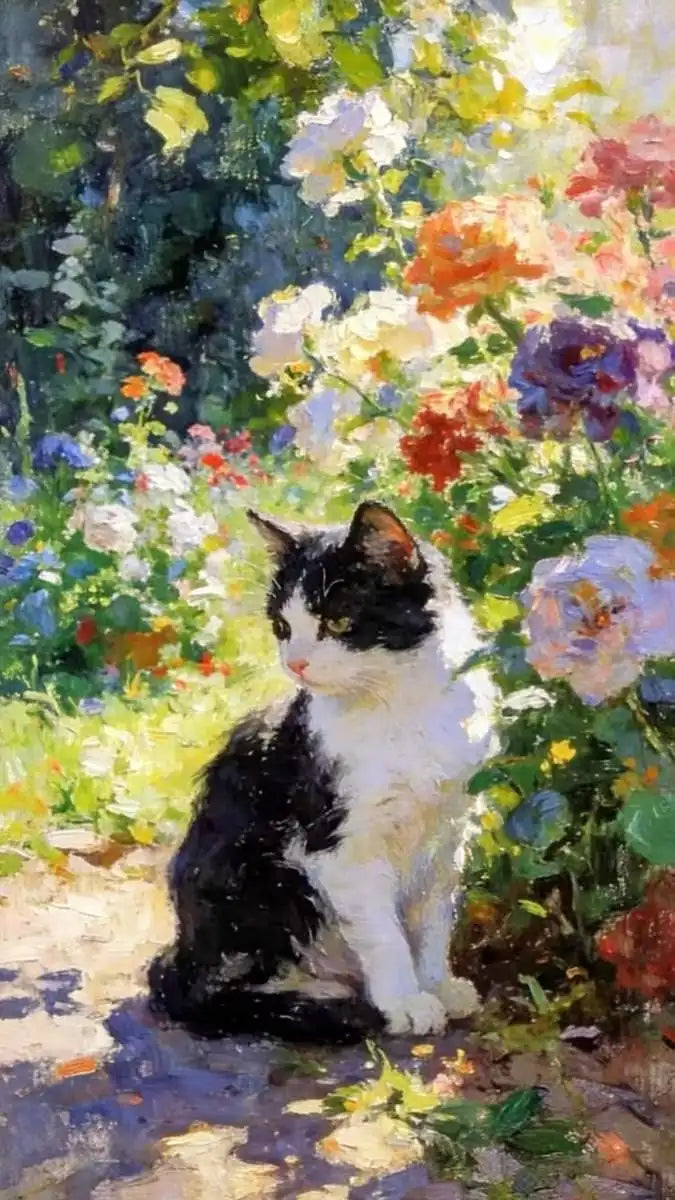A black and white cat sits amidst lush green foliage and colorful flowers in a sunny garden setting.