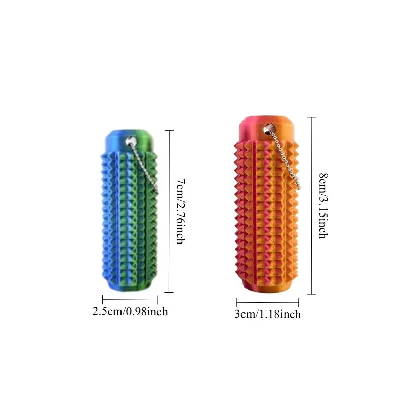 Spiky sensory keychain in blue and orange with a silver chain.