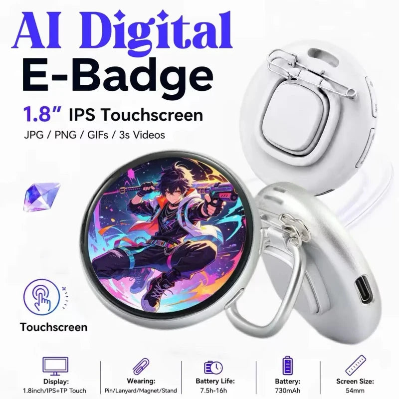 A white AI Digital E-Badge featuring a 1.8 inch IPS touchscreen and various accessories.