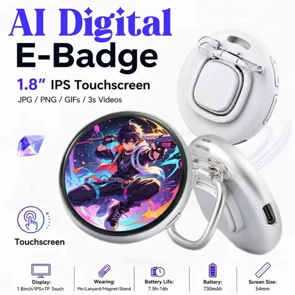 A white AI Digital E-Badge featuring a 1.8 inch IPS touchscreen and various accessories.