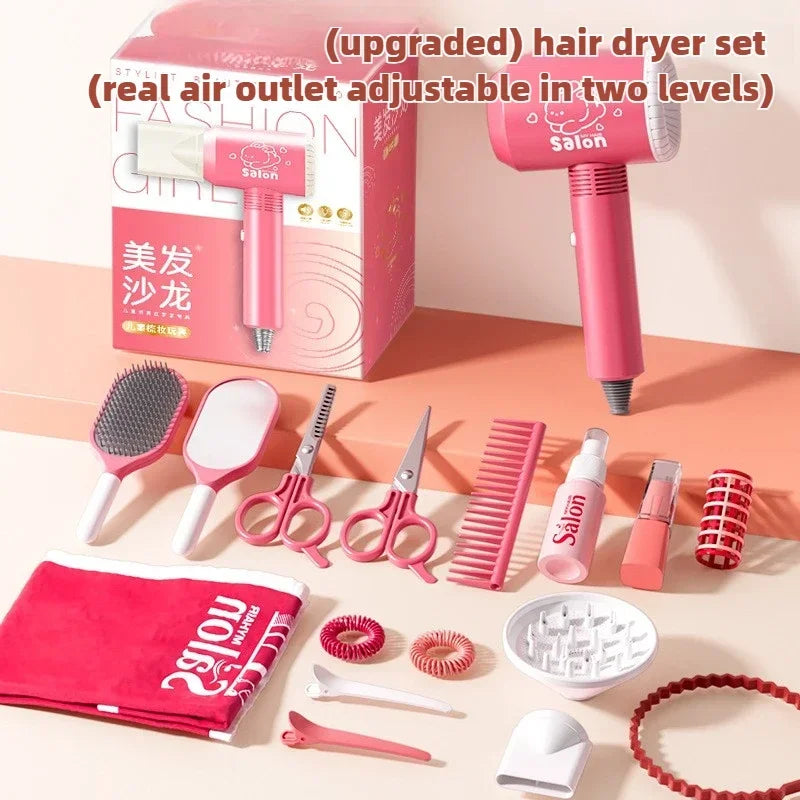 A pink box containing an upgraded hair dryer set with various styling tools like combs, brushes, and rollers.