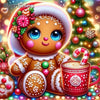 A cute cartoon character with a fluffy white hood sits next to a red mug decorated with snowflakes and candy canes.