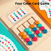 A wooden four color card game featuring matching colored discs and cards displayed in an open box.