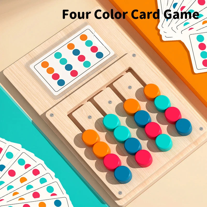 A wooden four color card game featuring matching colored discs and cards displayed in an open box.