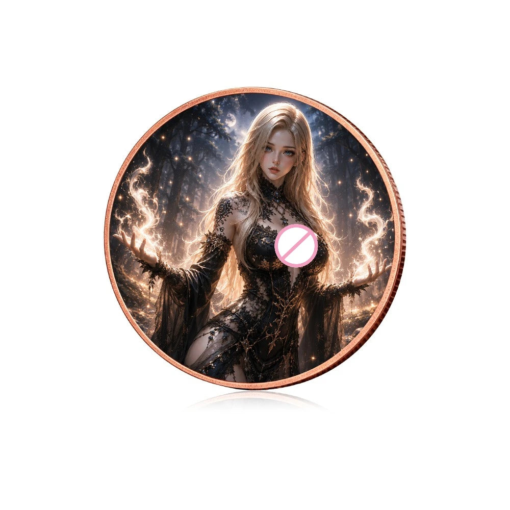 A challenge coin featuring a female fantasy witch with long blonde hair and glowing magical effects.