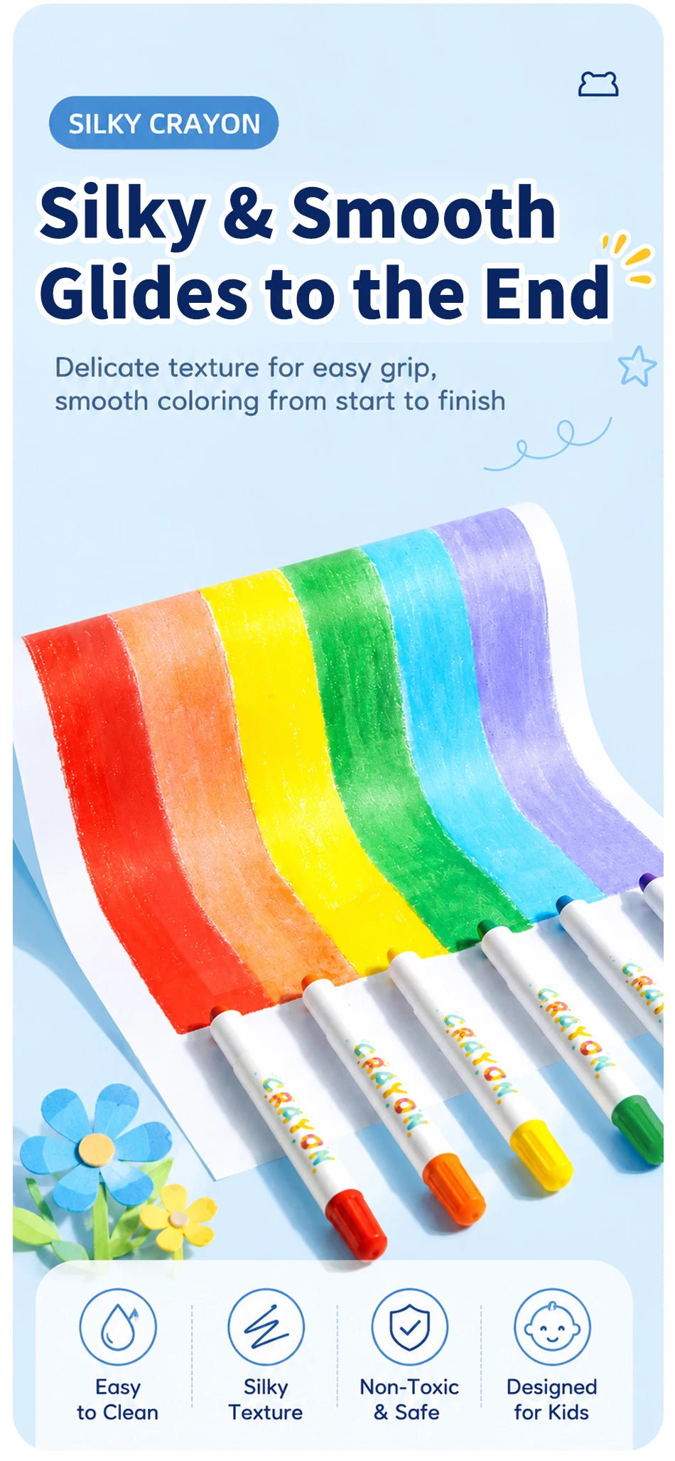 A set of silky and smooth twist-up crayons in various colors, designed for easy grip and coloring from start to finish.