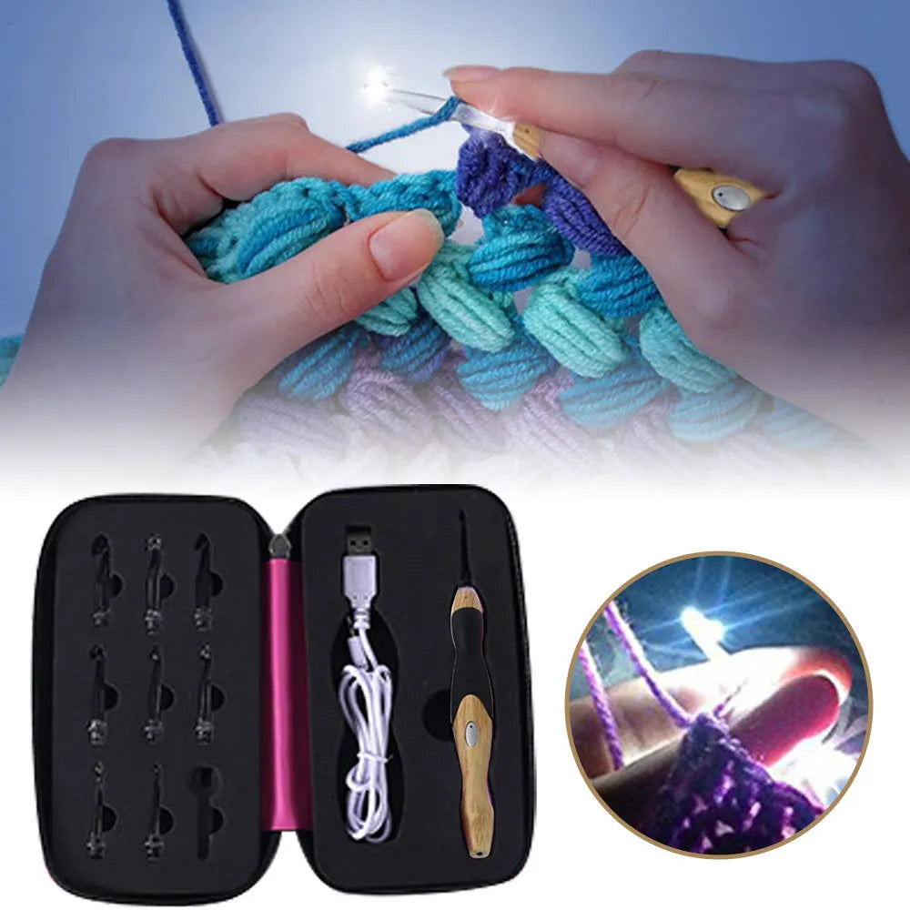 A set of LED crochet hooks with nine interchangeable tips is shown being used by hands, alongside the packaged hooks.
