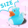 A light blue rubber duck with a white horn and orange beak, shown next to size measurements.