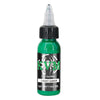 A green bottle of KVM Light Green tattoo ink with a dropper top.