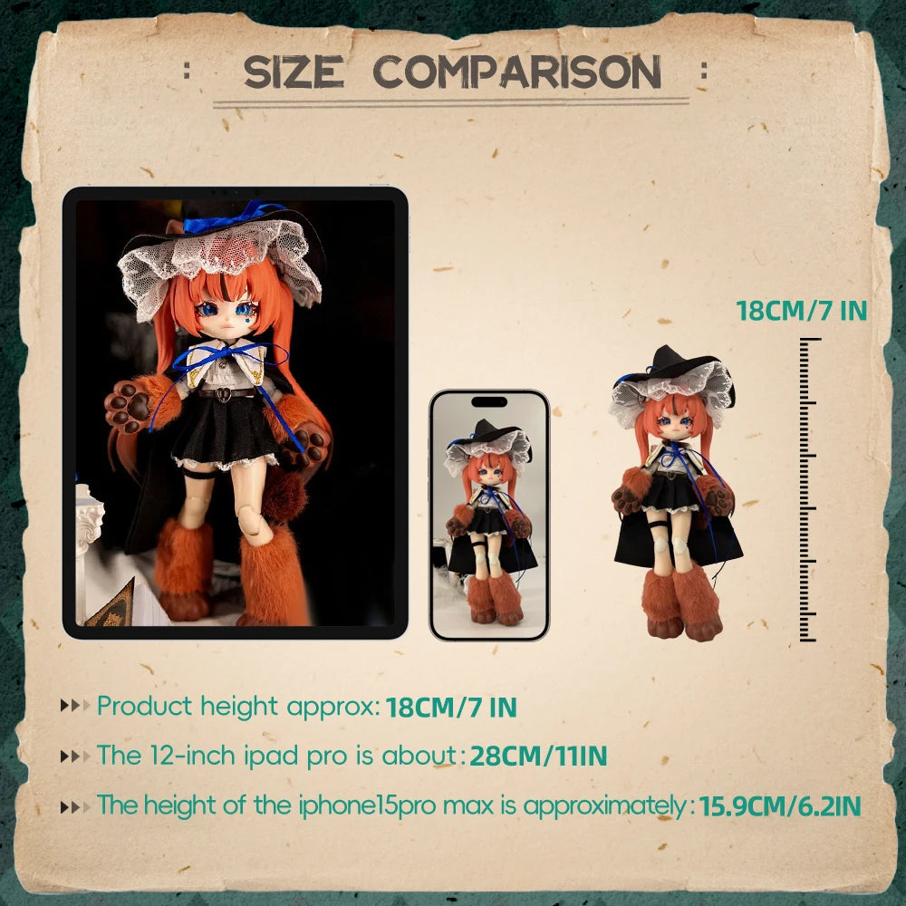 A 1/12 scale Lunar-themed posable doll blind box featuring an orange-haired figure in a black outfit and a ruffled hat.