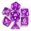 A collection of purple acrylic dice, including a d12, d6, and a triangular die, scattered on a white surface.