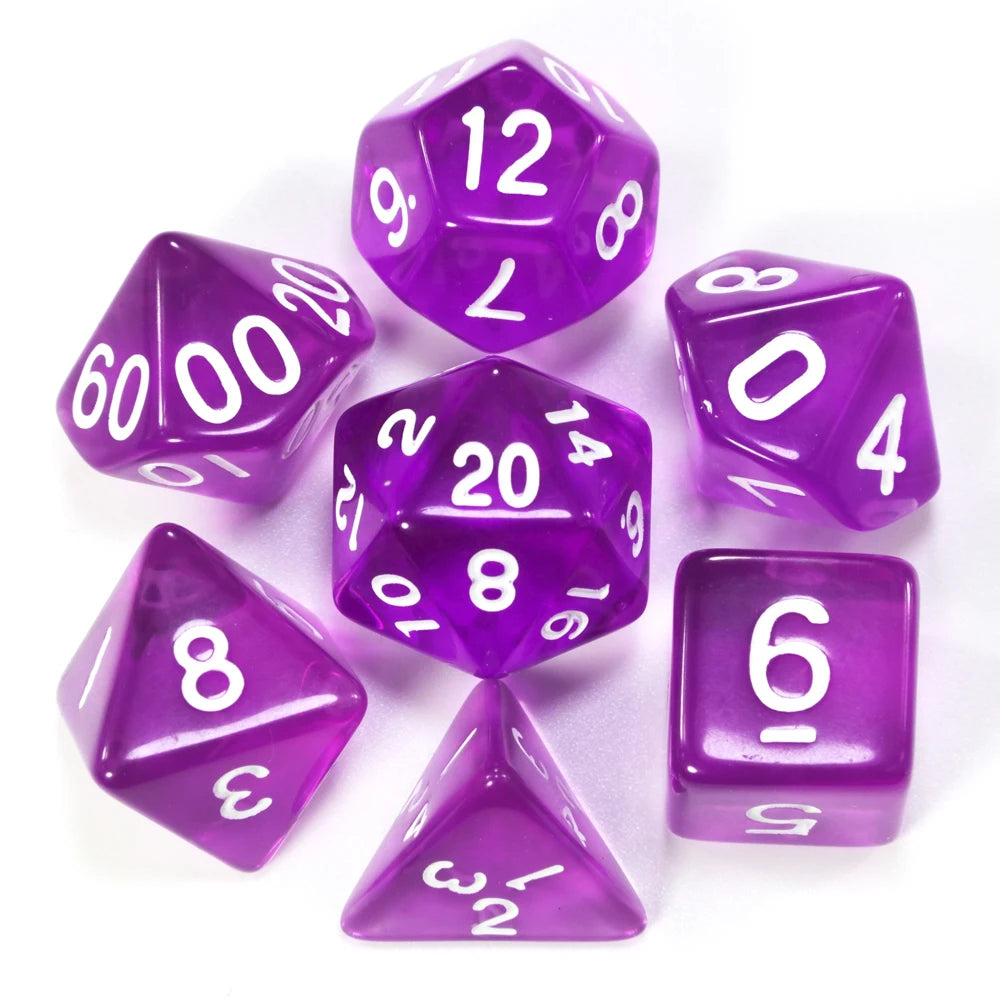 A collection of purple acrylic dice, including a d12, d6, and a triangular die, scattered on a white surface.