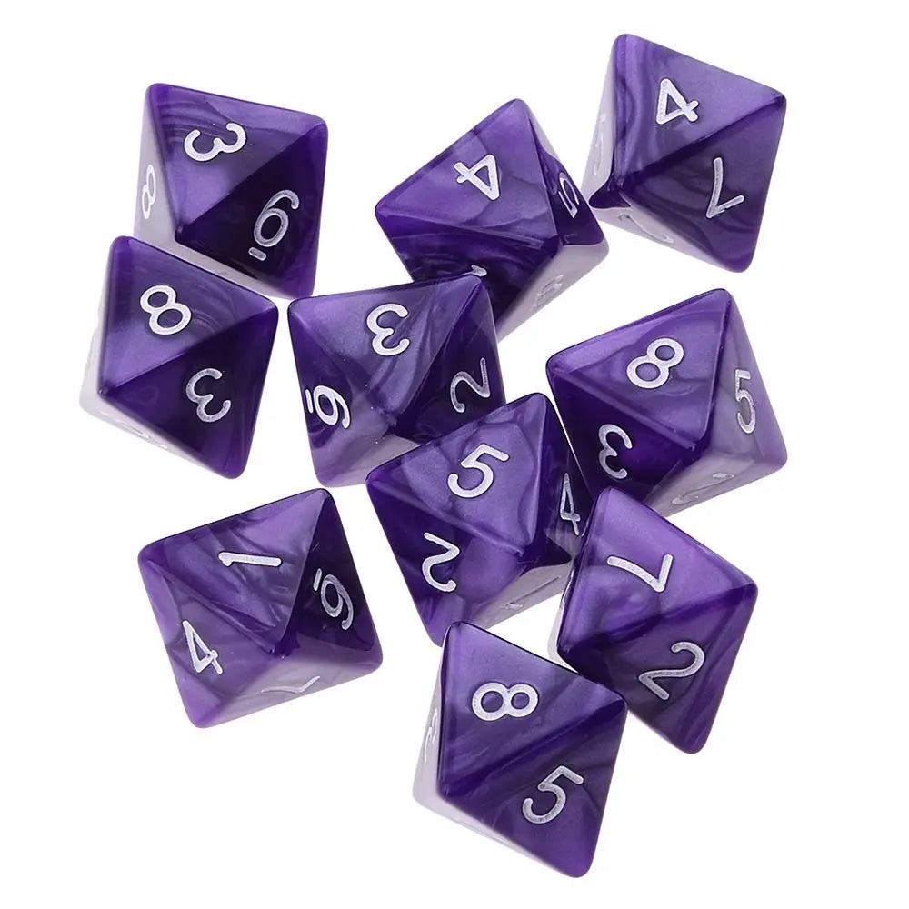 A set of ten purple acrylic polyhedral dice showing various numbers and shapes.
