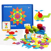 A blue box of a wooden pattern block set with 3+ pieces and design cards, alongside loose colorful blocks.