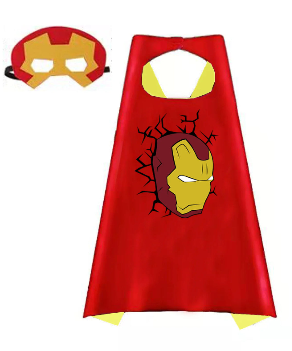 A red superhero cape and mask set featuring a yellow and gold armored face design.