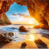 A jigsaw puzzle depicting a dramatic sunset view through a sea cave opening onto the ocean.