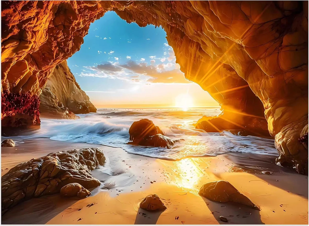 A jigsaw puzzle depicting a dramatic sunset view through a sea cave opening onto the ocean.