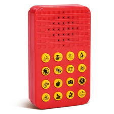 A red plastic button with multiple yellow buttons for fun sound effects and pranks