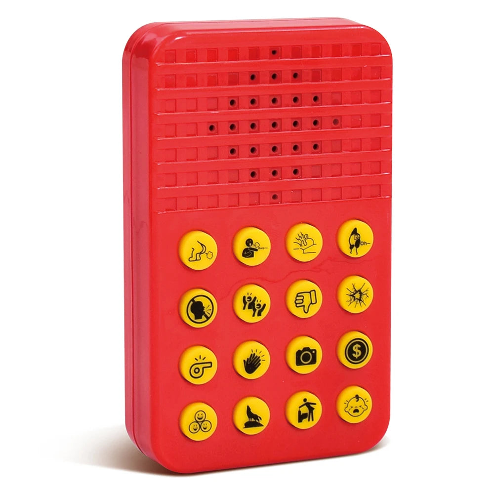 A red plastic button with multiple yellow buttons for fun sound effects and pranks