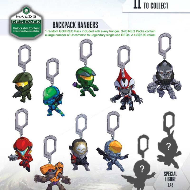 A collection of backpack hangers and special figures from the Halo series including Master Chief and other characters
