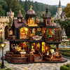 A detailed wooden miniature castle dollhouse kit featuring architecture, furniture, and illuminated elements.