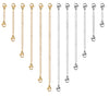 A collection of stainless steel extension chains with lobster clasps for jewelry making, shown in gold and silver finishes.