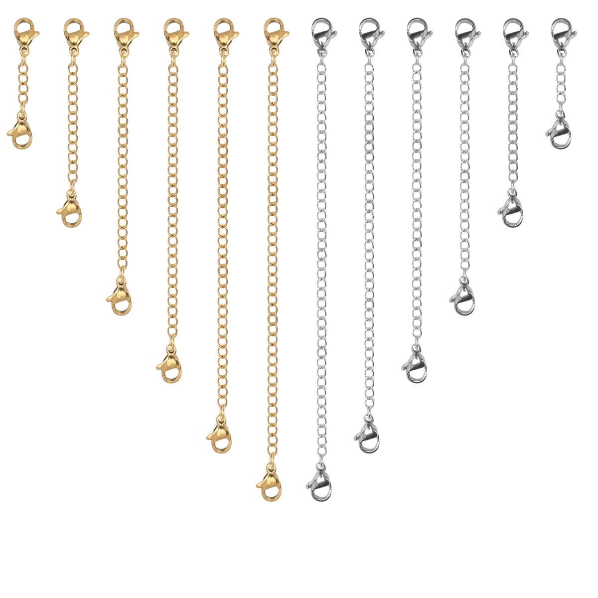 A collection of stainless steel extension chains with lobster clasps for jewelry making, shown in gold and silver finishes.