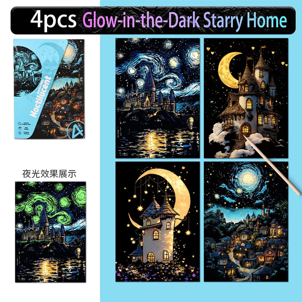 Four glow-in-the-dark starry home scratch art cards featuring castles and night landscapes