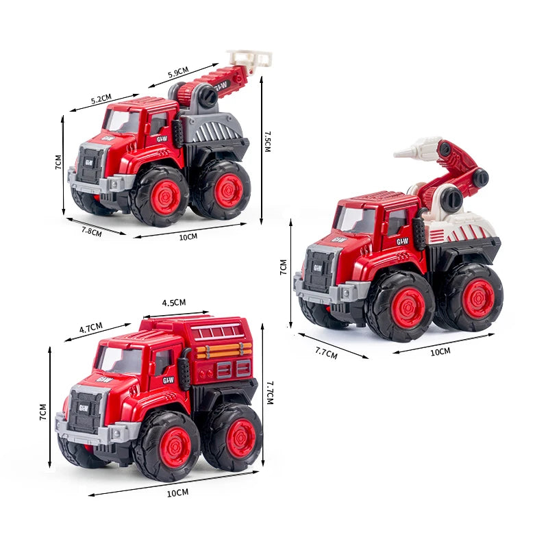 A red die-cast fire fighting vehicle set with a ladder truck and water cannon, shown from the side.
