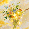 A glass jar filled with colorful flowers and gold stars is suspended in a bright yellow, sparkling sky.