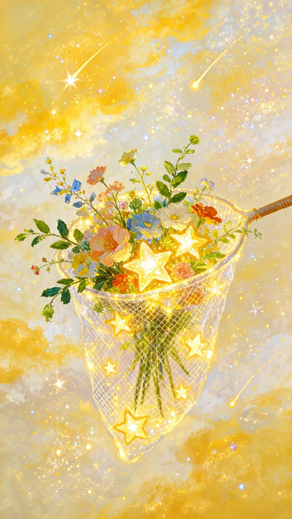 A glass jar filled with colorful flowers and gold stars is suspended in a bright yellow, sparkling sky.