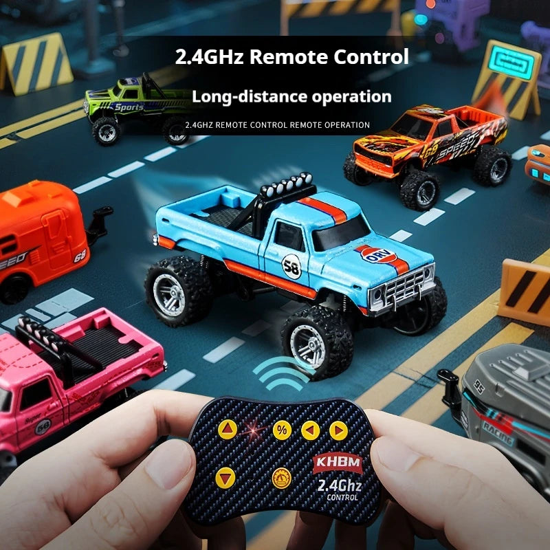 A hand holds a 2.4GHz remote control for an RC monster truck, with the truck visible in the background.