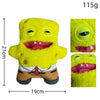 A yellow SpongeBob SquarePants plush toy with a face and body, shown next to close-up shots of its features.
