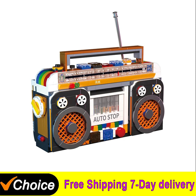 A retro radio building block set featuring a speaker grille and control panel components.