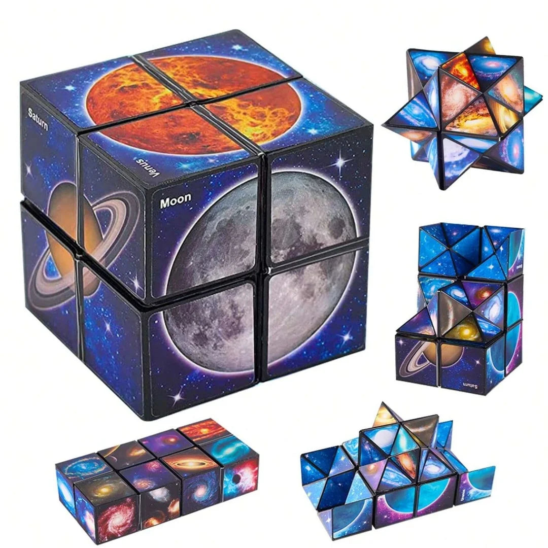 A set of colorful, geometric cube puzzles and transforming toys depicting celestial bodies like Saturn, the Moon, and stars.