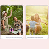 Two images showing children exploring outdoors, one with binoculars and another featuring a parent and child.