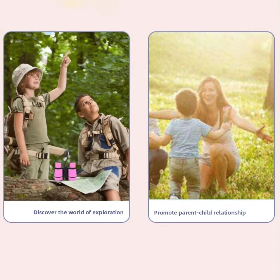 Two images showing children exploring outdoors, one with binoculars and another featuring a parent and child.