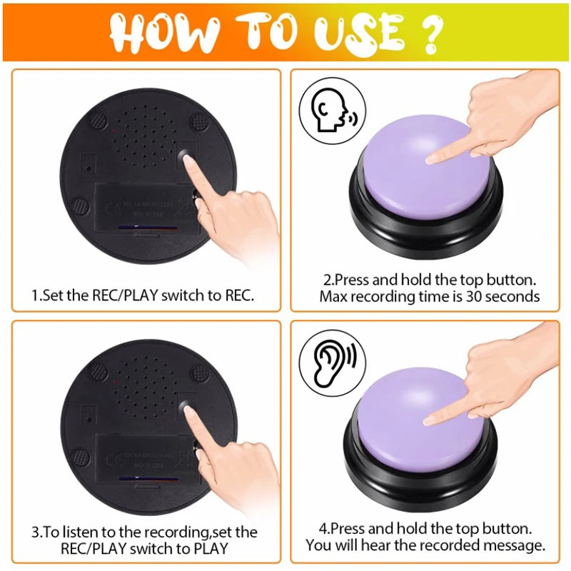 Instructions for using a recordable talking button device, showing steps to set REC or PLAY mode.