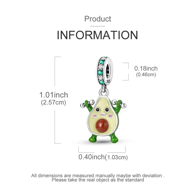 A silver heart charm shaped like a green avocado with a red center, designed for bracelets and necklaces.