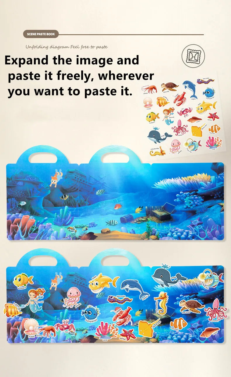 A set of reusable cartoon stickers featuring various sea creatures and marine life for a children's sticker book.