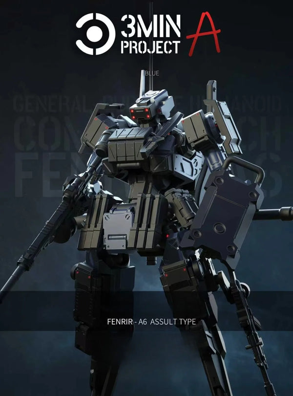 Detailreicher Modellbausatz des FENRIR A6 Angriffstyps-Mecha in dramatischer, dunkler Pose.