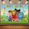 A colorful cartoon illustration featuring anthropomorphic animals celebrating a birthday party.